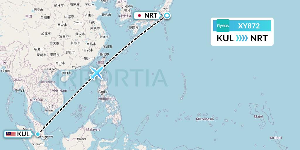 XY872 Flynas Flight Map: Kuala Lumpur to Tokyo