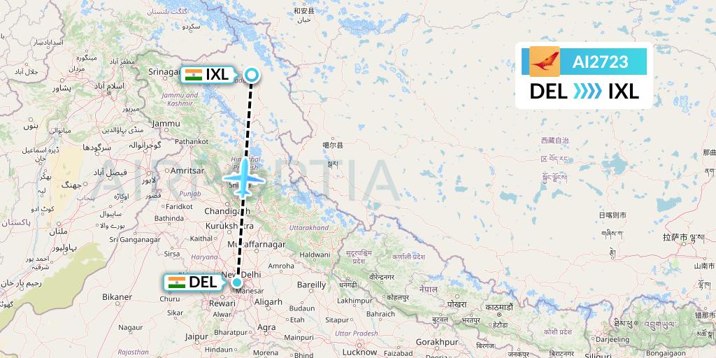 AI2723 Air India Flight Map: Delhi to Leh