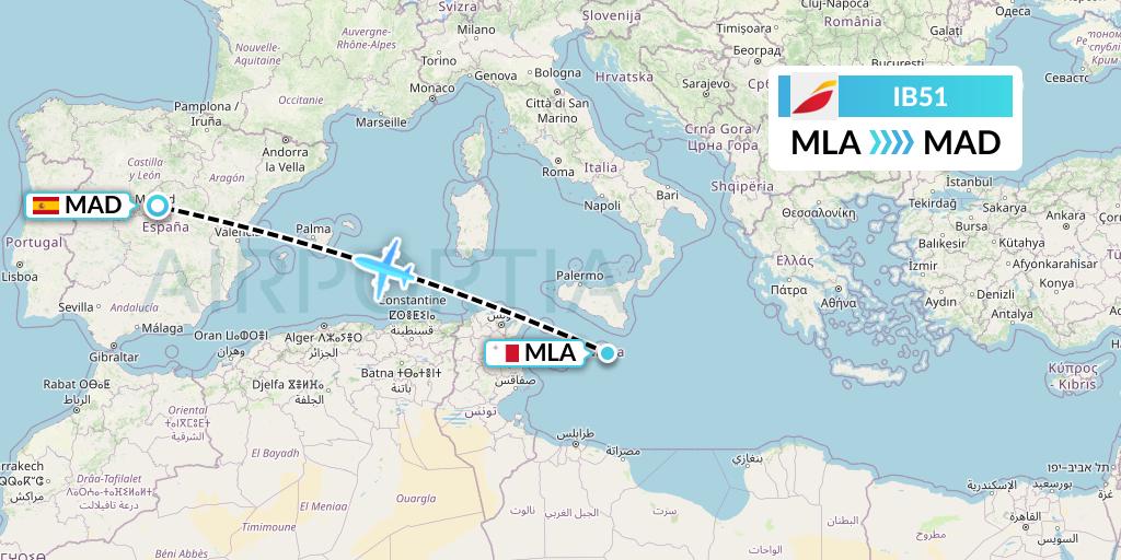 IB51 Iberia Flight Map: Malta to Madrid