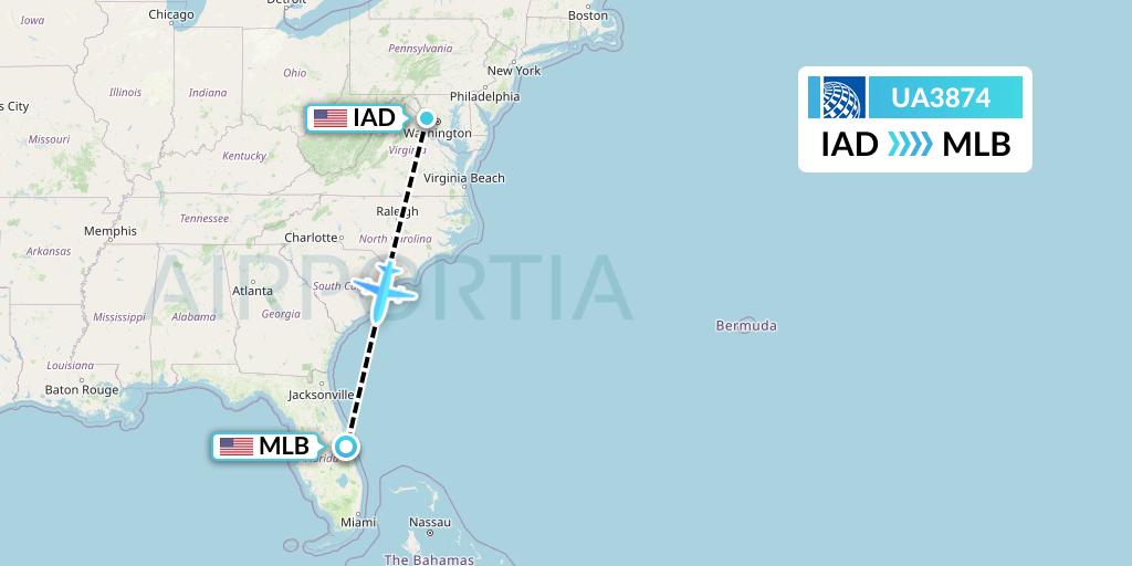 UA3874 United Airlines Flight Map: Washington to Melbourne