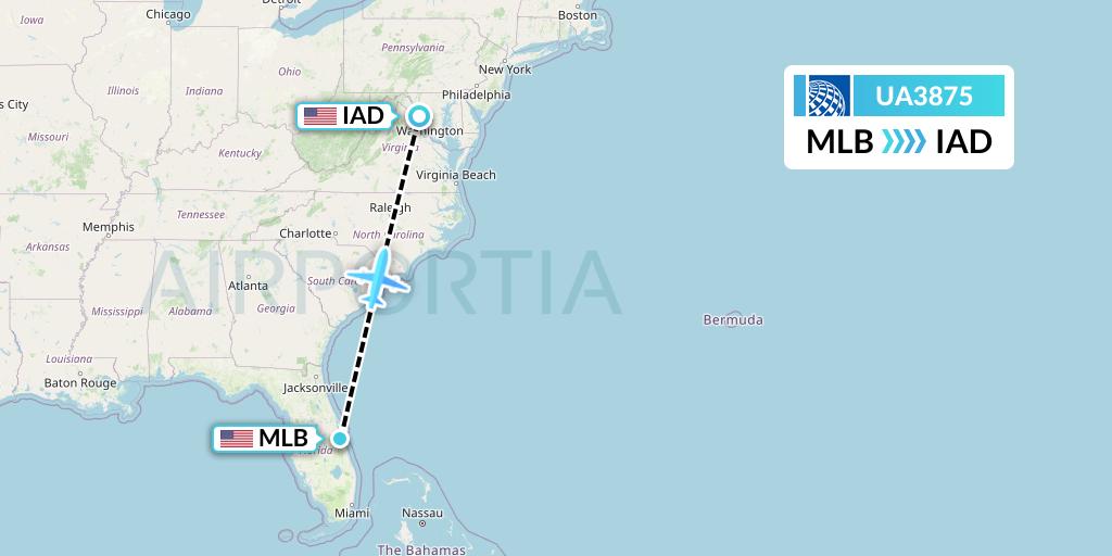 UA3875 United Airlines Flight Map: Melbourne to Washington