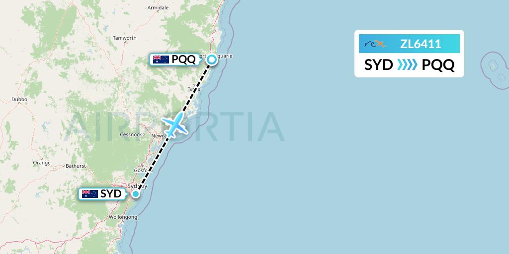 ZL6411 Regional Express Flight Map: Sydney to Port Macquarie