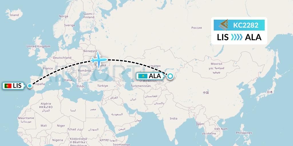 KC2282 Air Astana Flight Map: Lisbon to Almaty