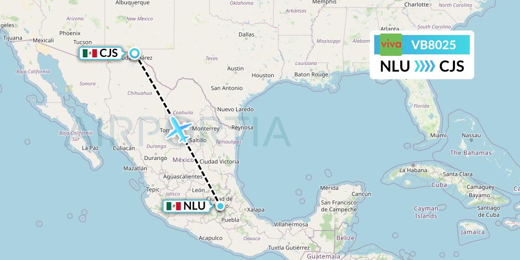 VB8025 VivaAerobus Flight Map: Reyes Acozac to Ciudad Juarez