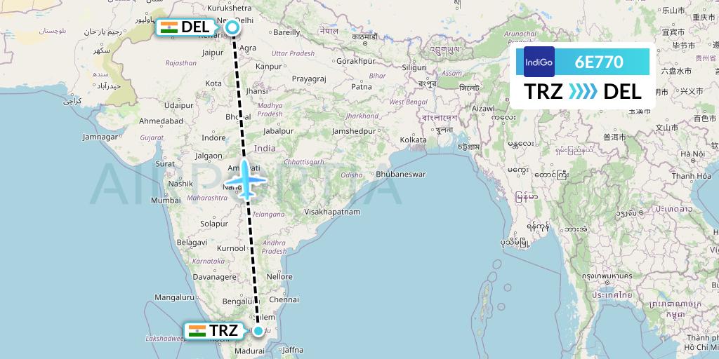 6E770 IndiGo Airlines Flight Map: Tiruchirapalli to Delhi