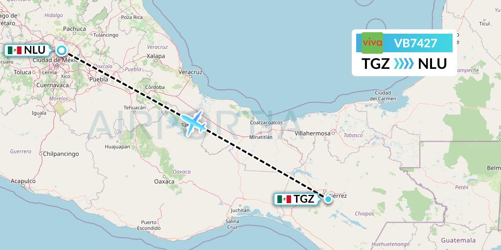 VB7427 VivaAerobus Flight Map: Tuxtla Gutierrez to Reyes Acozac