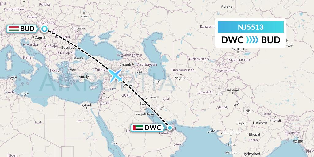 NJ5513 Ghadames Air Transport Flight Map: Dubai to Budapest