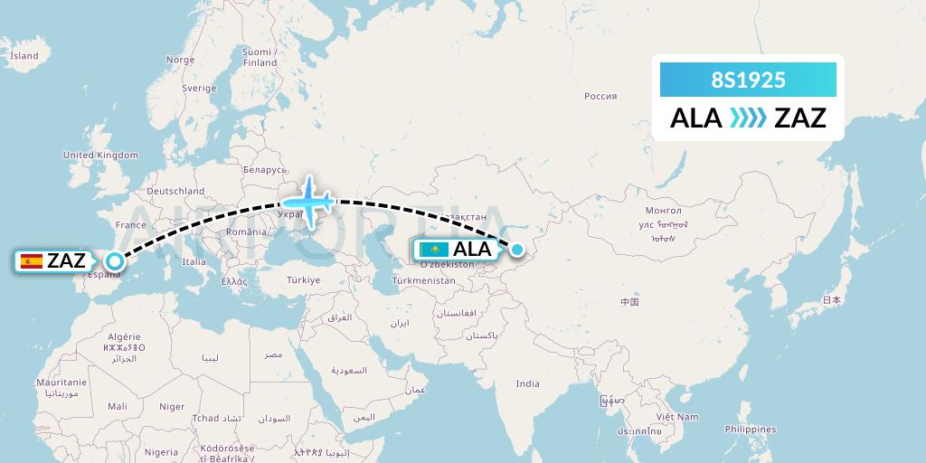 8S1925 Shun Tak-China Travel Ship Mgmt. Ltd. Flight Map: Almaty to Zaragoza