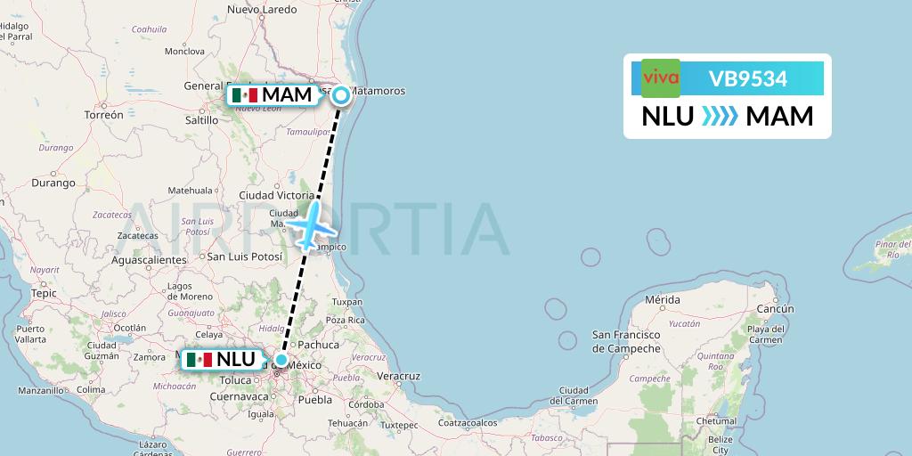 VB9534 VivaAerobus Flight Map: Reyes Acozac to Matamoros