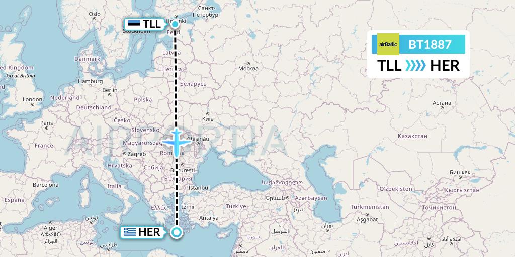 BT1887 Air Baltic Flight Map: Tallinn to Heraklion