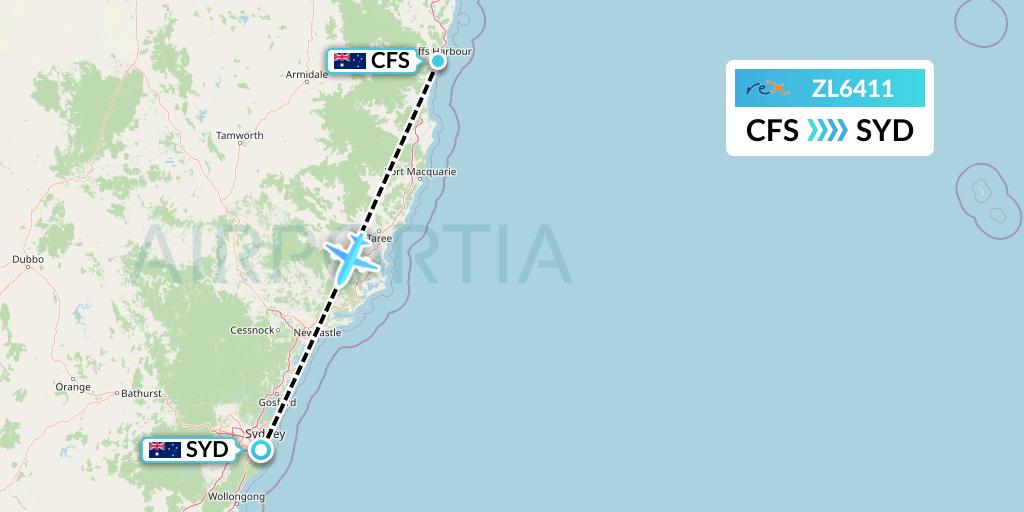 ZL6411 Regional Express Flight Map: Coffs Harbour to Sydney