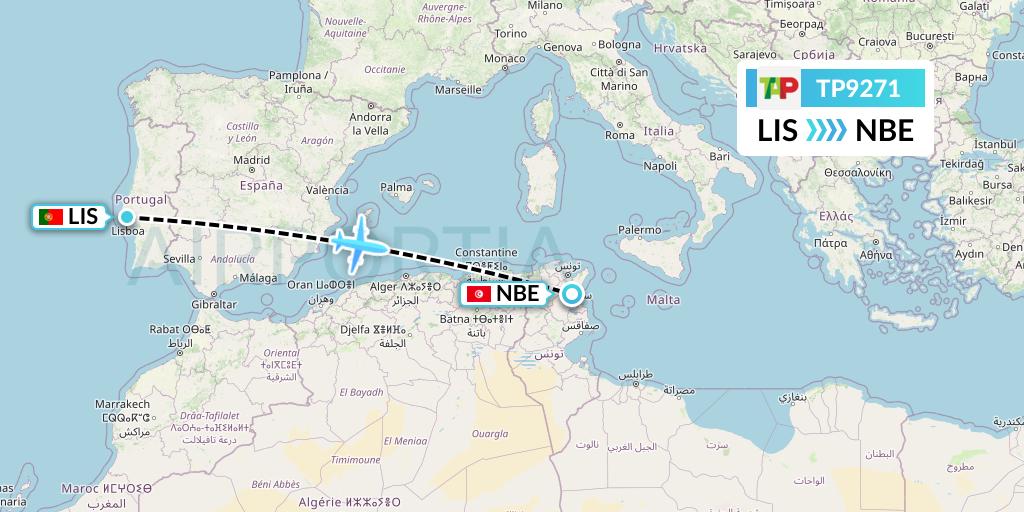 TP9271 TAP Portugal Flight Map: Lisbon to Enfidha