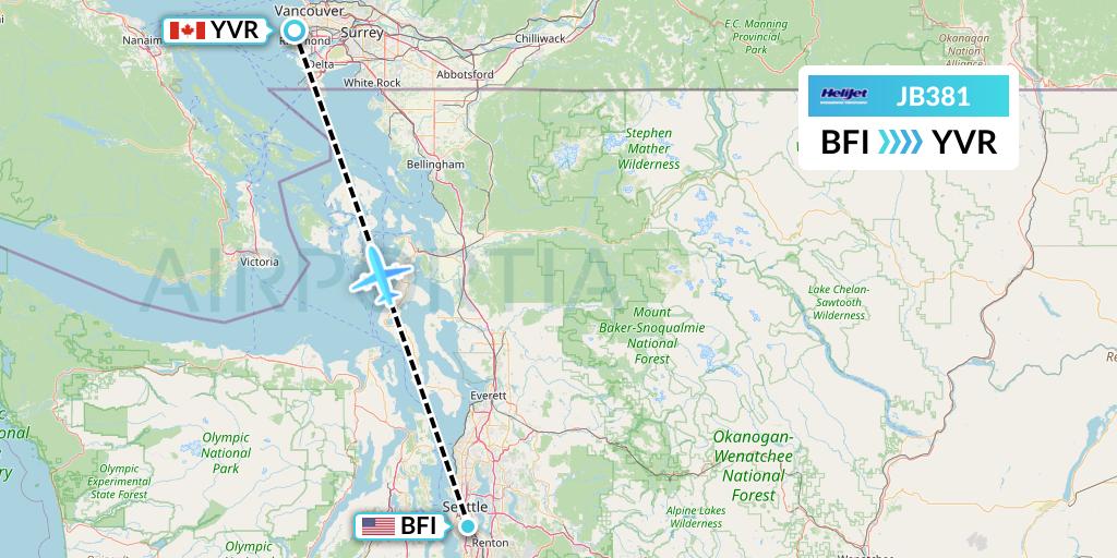 JB381 Helijet International Flight Map: Seattle to Vancouver
