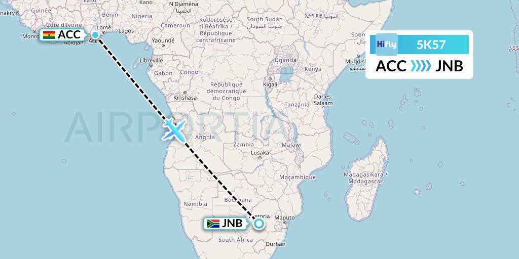 5K57 Hi Fly Flight Map: Accra to Johannesburg