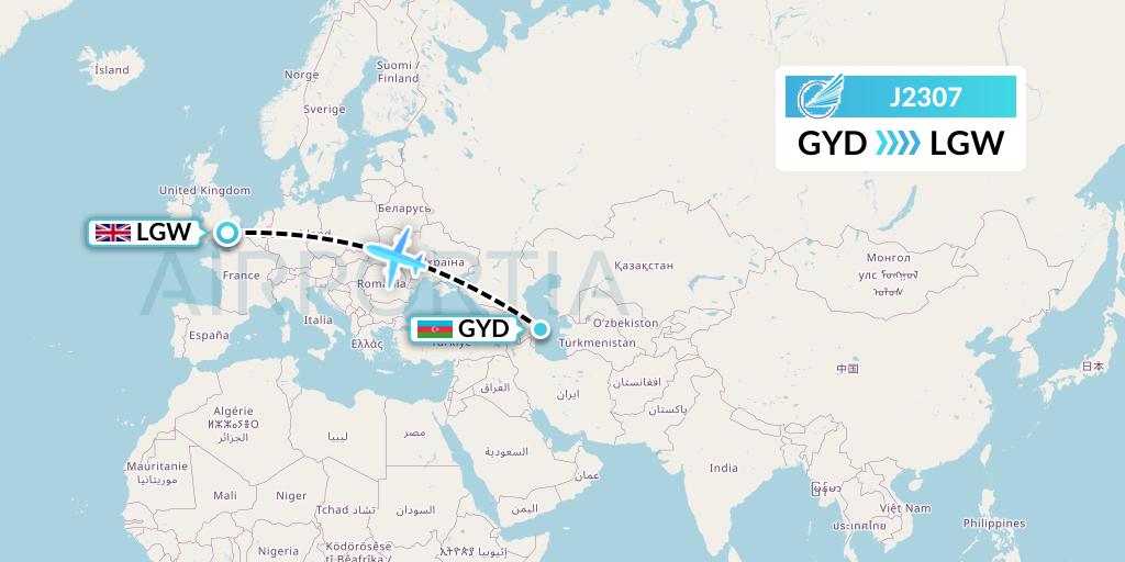 J2307 Azerbaijan Airlines Flight Map: Baku to London