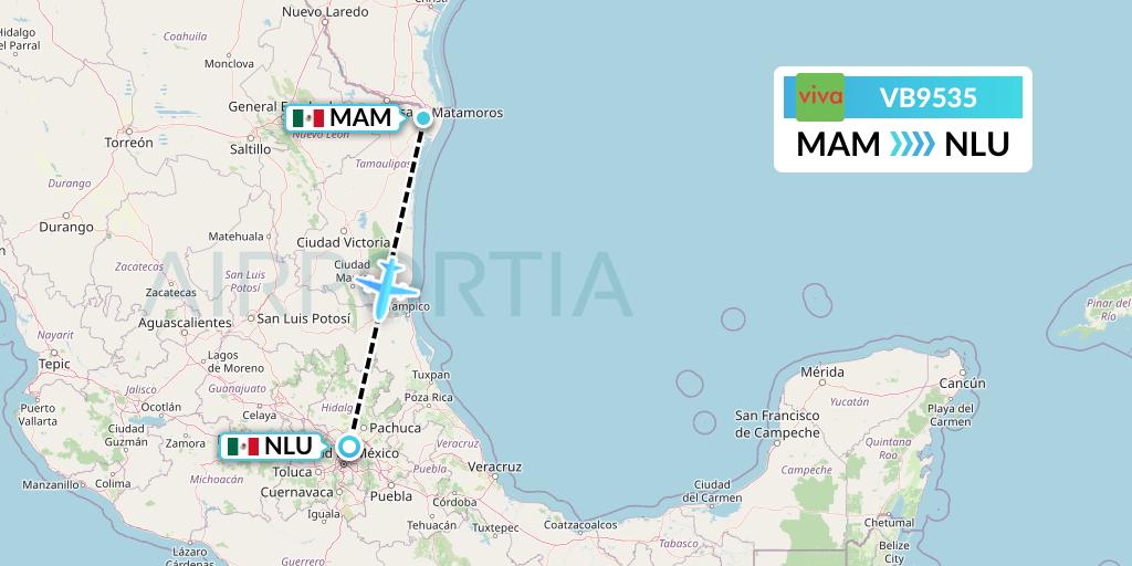 VB9535 VivaAerobus Flight Map: Matamoros to Reyes Acozac
