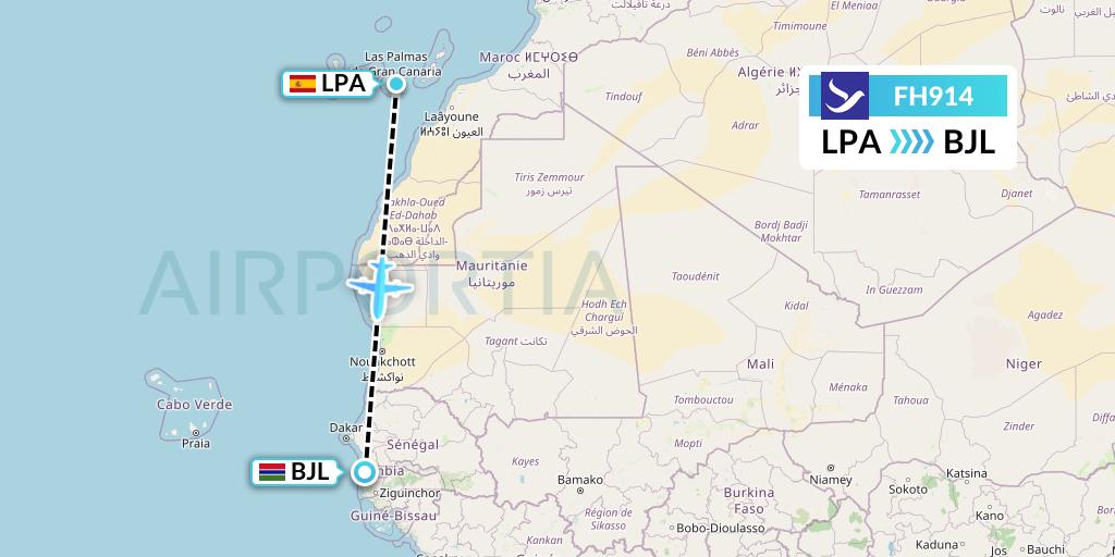 FH914 Freebird Airlines Flight Map: Las Palmas to Banjul