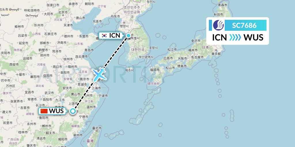 SC7686 Shandong Airlines Flight Map: Seoul to Wuyishan