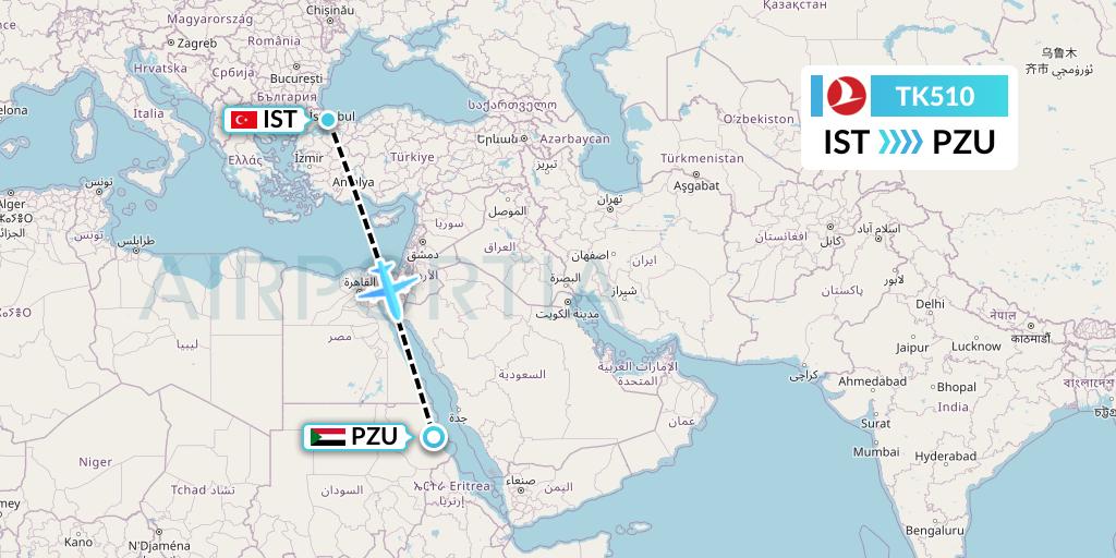 TK510 Turkish Airlines Flight Map: Istanbul to Port Sudan