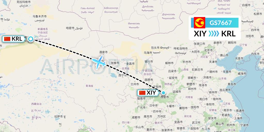 GS7667 Tianjin Airlines Flight Map: Xi'an to Korla