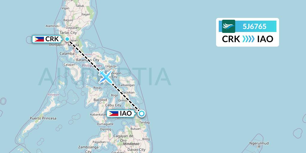 5J6765 CEBU Pacific Air Flight Map: Angeles City to Del Carmen