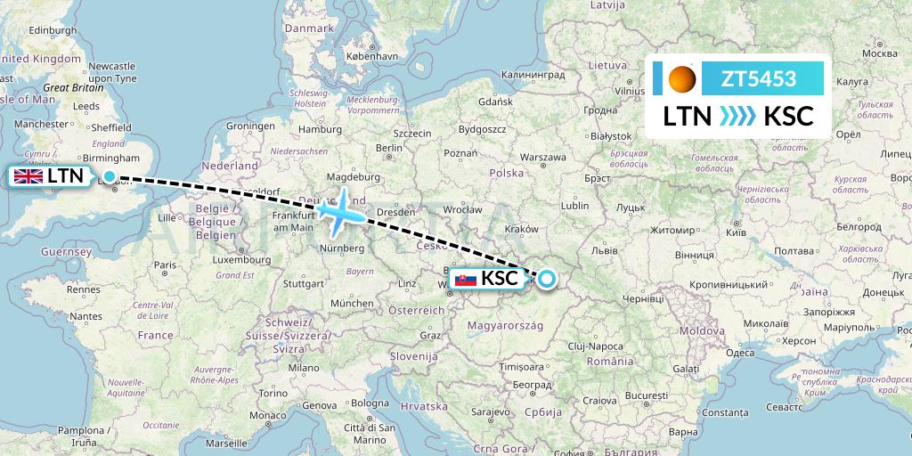 ZT5453 Titan Airways Flight Map: London to Kosice