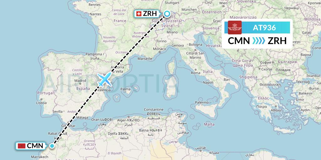 AT936 Royal Air Maroc Flight Map: Casablanca to Zurich