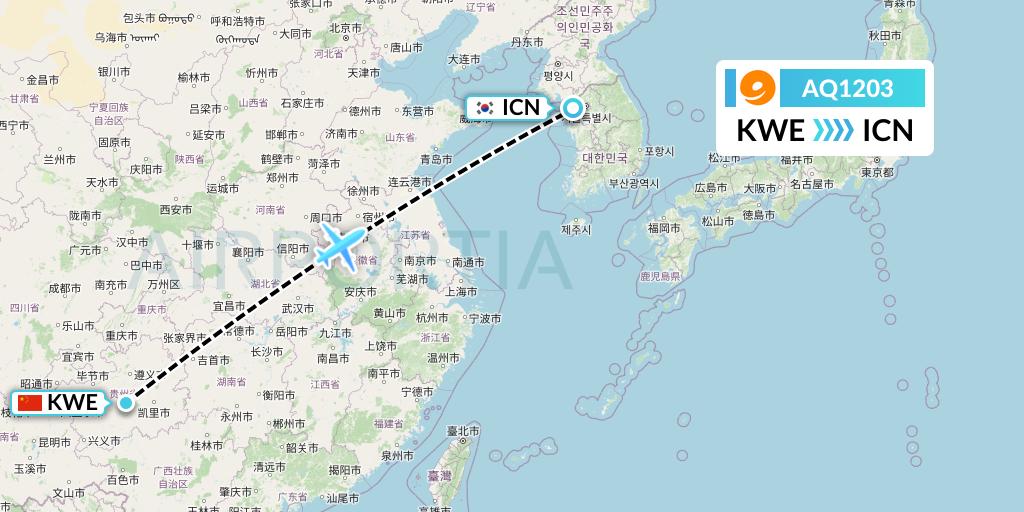 AQ1203 9 Air Flight Map: Guiyang to Seoul