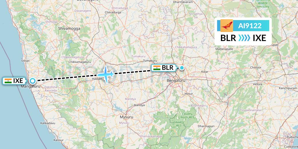 AI9122 Air India Flight Map: Bangalore to Mangalore