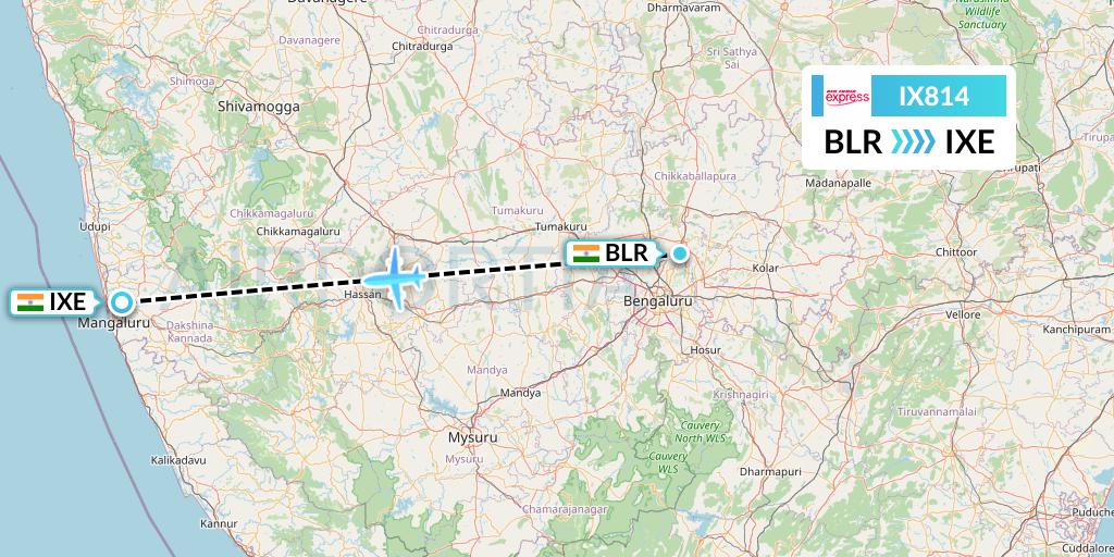 IX814 Air India Express Flight Map: Bangalore to Mangalore