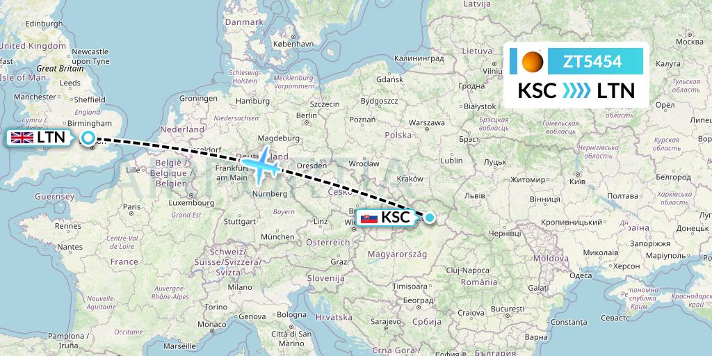 ZT5454 Titan Airways Flight Map: Kosice to London
