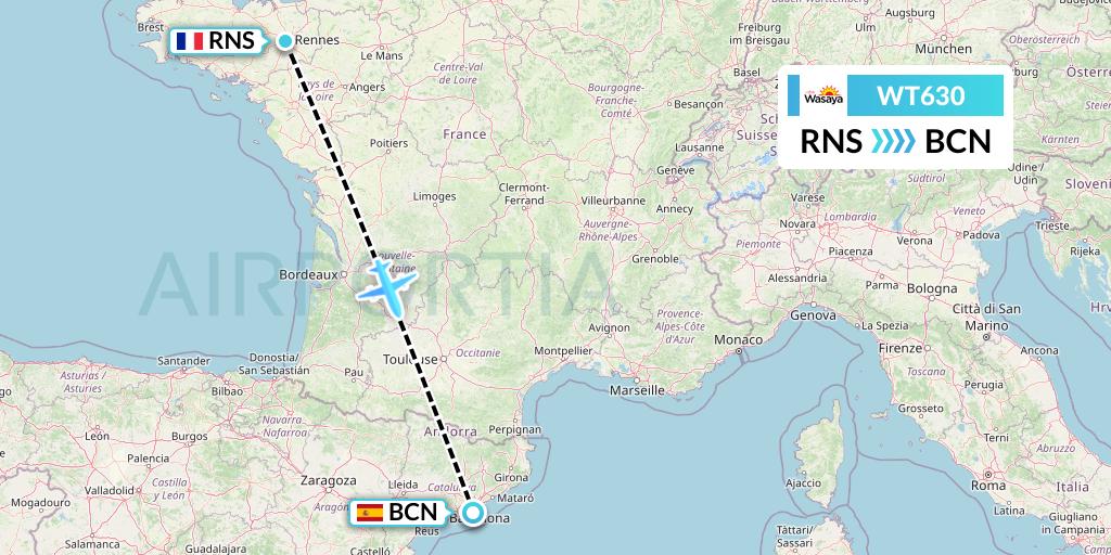 WT630 Swiftair Flight Map: Rennes to Barcelona