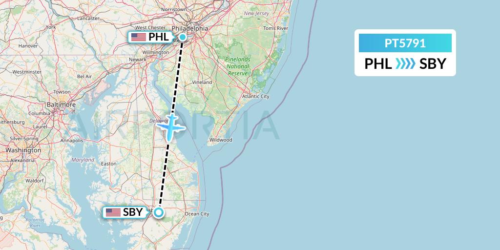 PT5791 Piedmont Airlines Flight Map: Philadelphia to Salisbury