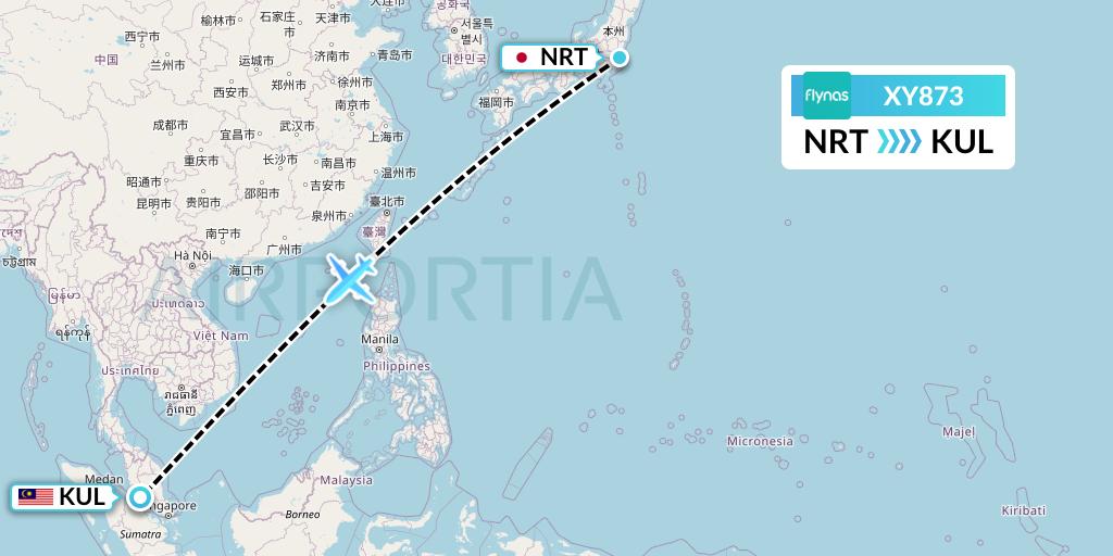 XY873 Flynas Flight Map: Tokyo to Kuala Lumpur