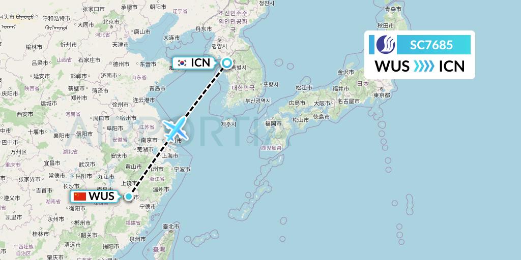 SC7685 Shandong Airlines Flight Map: Wuyishan to Seoul