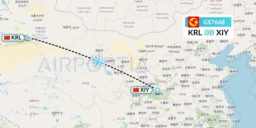 GS7668 Tianjin Airlines Flight Map: Korla to Xi'an