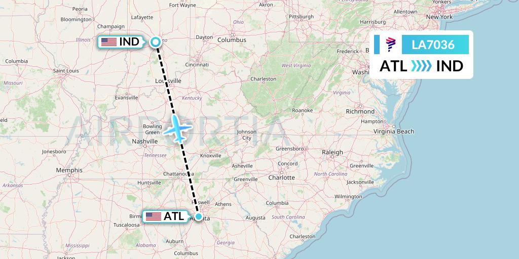 LA7036 LAN Airlines Flight Map: Atlanta to Indianapolis
