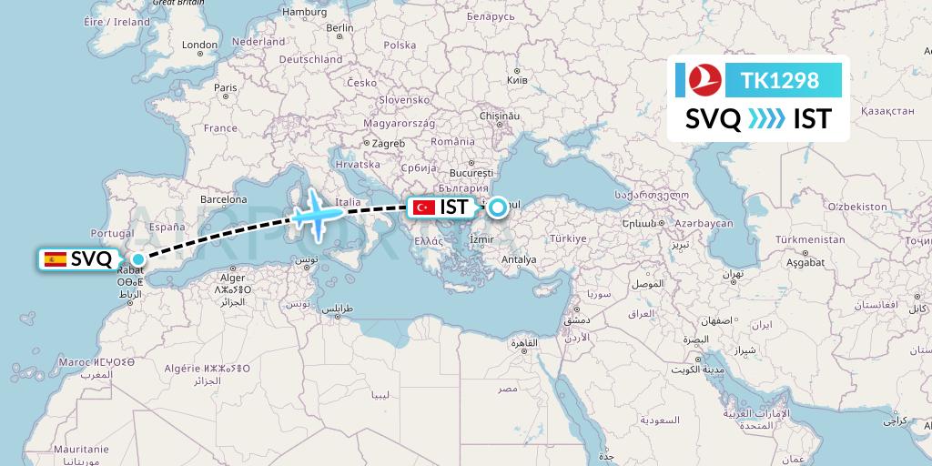 TK1298 Turkish Airlines Flight Map: Seville to Istanbul