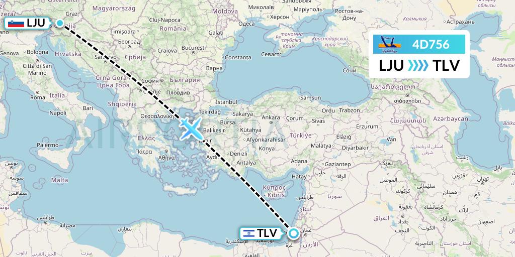 4D756 Air Sinai Flight Map: Ljubljana to Tel Aviv