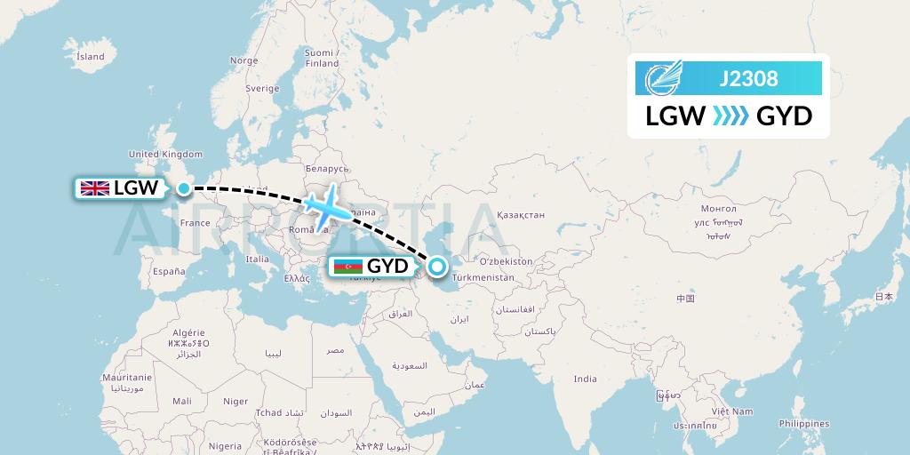 J2308 Azerbaijan Airlines Flight Map: London to Baku