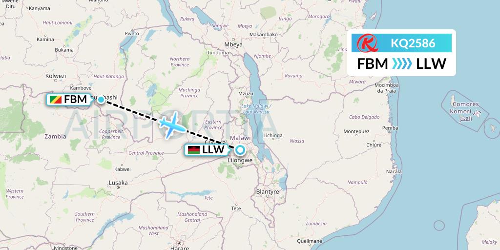 KQ2586 Kenya Airways Flight Map: Lubumbashi to Lilongwe