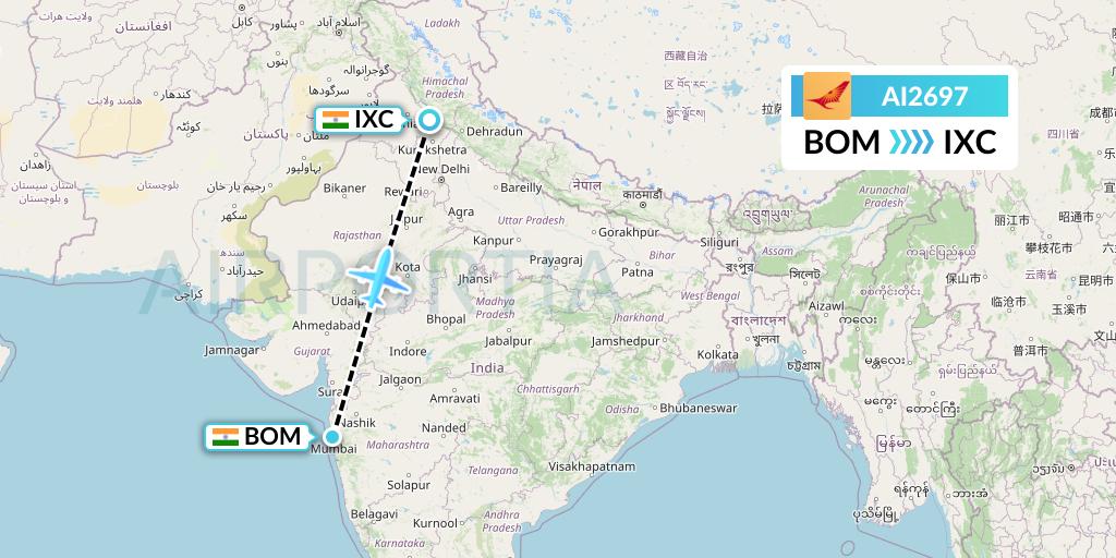 AI2697 Air India Flight Map: Mumbai to Chandigarh