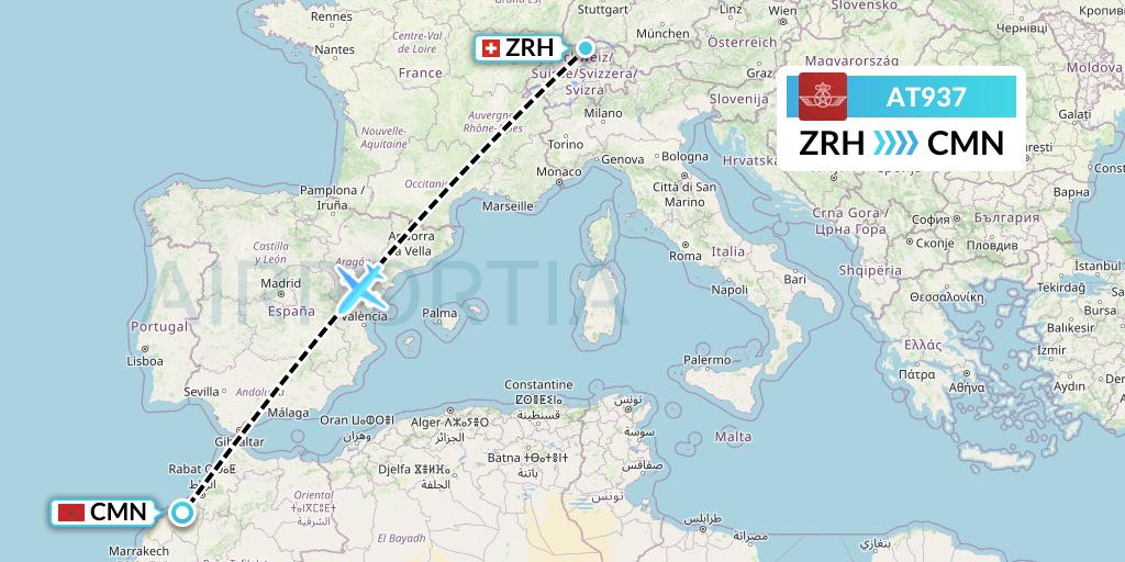 AT937 Royal Air Maroc Flight Map: Zurich to Casablanca