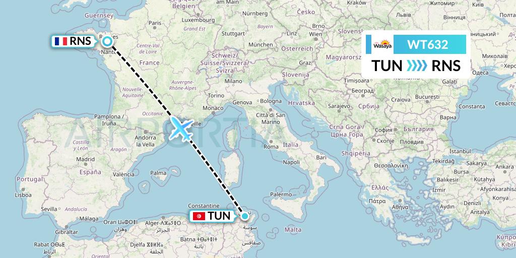 WT632 Swiftair Flight Map: Tunis to Rennes