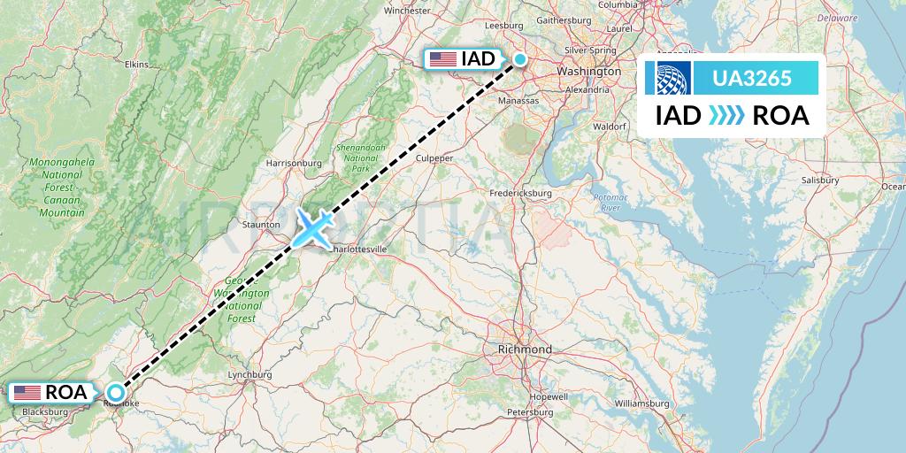 UA3265 United Airlines Flight Map: Washington to Roanoke