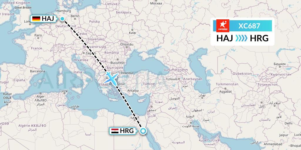 XC687 Corendon Airlines Flight Map: Hannover to Hurghada