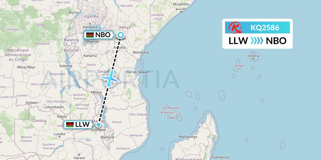 KQ2586 Kenya Airways Flight Map: Lilongwe to Nairobi