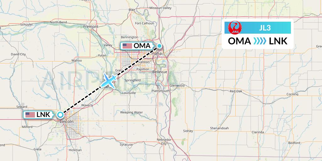 JL3 Japan Airlines Flight Map: Omaha to Lincoln