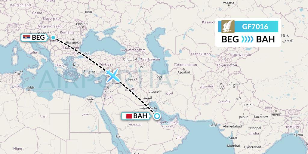 GF7016 Gulf Air Flight Map: Belgrade to Bahrain