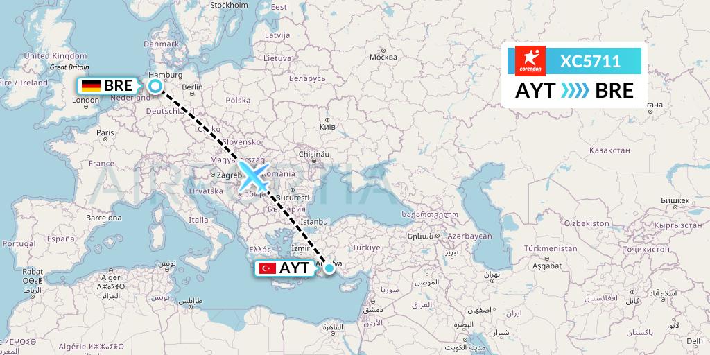 XC5711 Corendon Airlines Flight Map: Antalya to Bremen